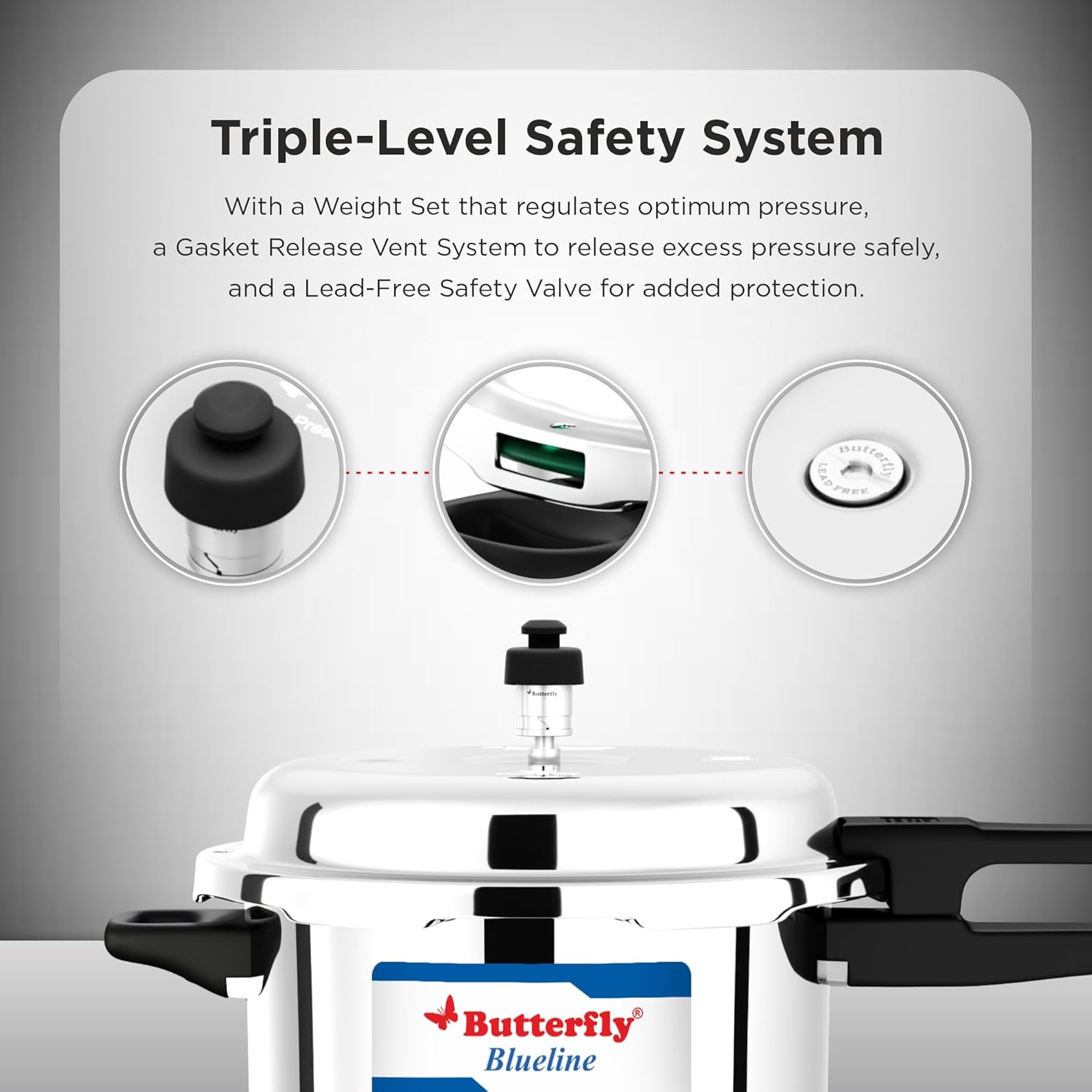 Butterfly Blue Line 10L Pressure Cooker| Stainless Steel | Induction & Gas Stove Compatible - Alternate View